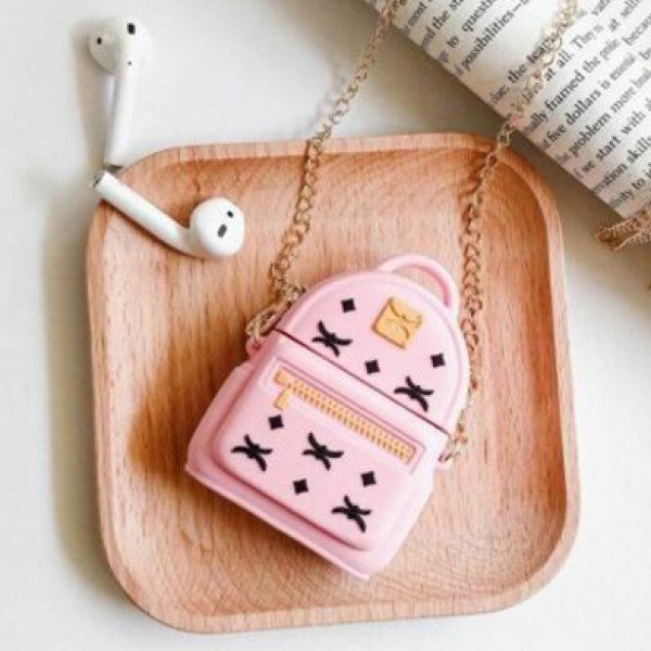 Wholesale Cute Design Cartoon Silicone Cover Skin for Airpod (1 / 2) Charging Case with Chain (Backpack Pink)